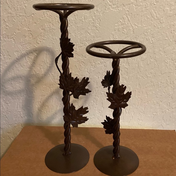 2 Metal Bronze pillar candle holders with ivy wrap around 13” and 10” tall - Picture 1 of 5
